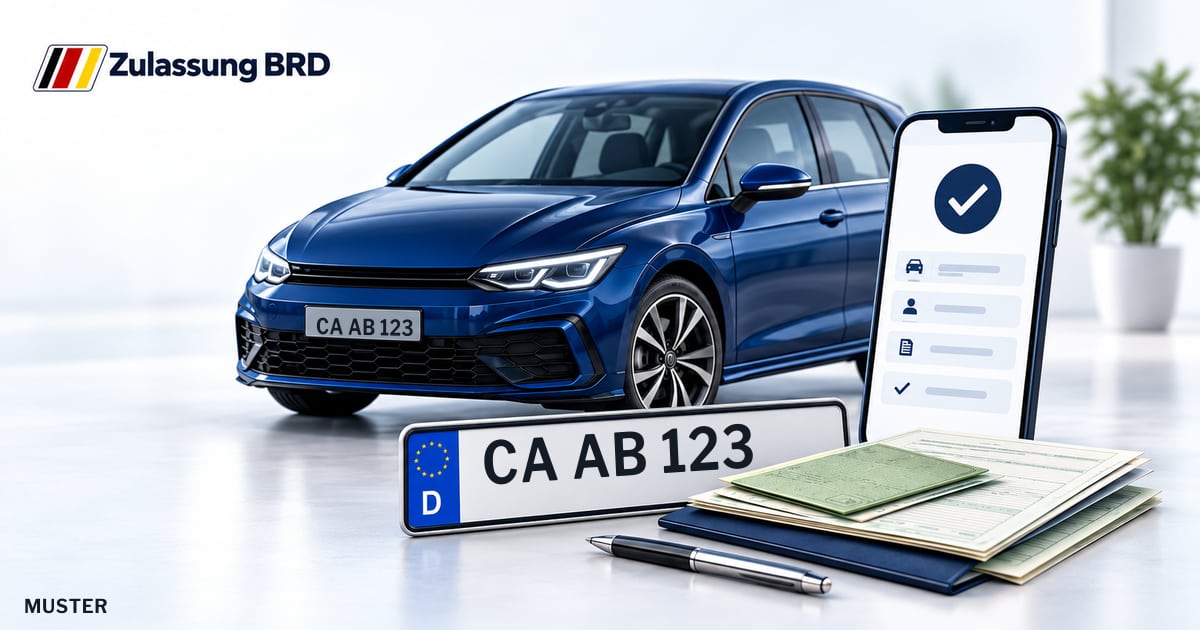 Online Fahrzeugzulassung in Calau: Musterkennzeichen CA AB 123, Auto und Fahrzeugpapiere und Smartphone. Illustration mit Logo von Zulassung BRD.